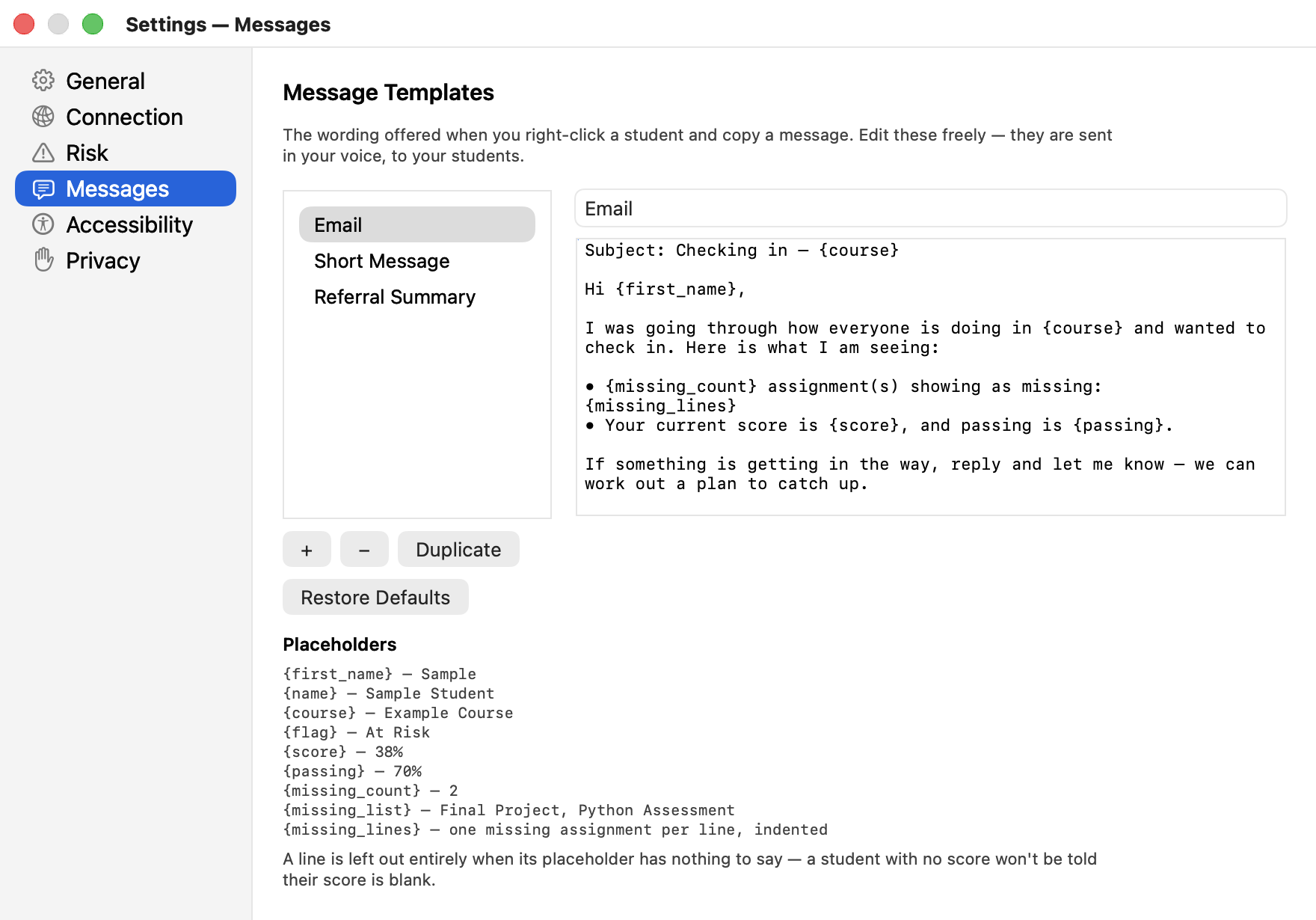 Message settings with three editable templates — Email, Short Message, and Referral Summary — and the list of placeholders EarlyARC fills in per student, such as first name, course, score, and the missing assignments.